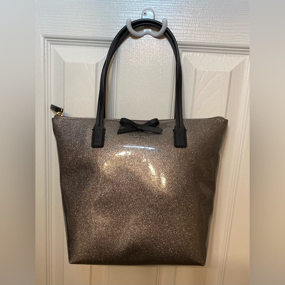 Kate Spade NY Silver Glitter with Matte Black Bow & Handles MINT Condition